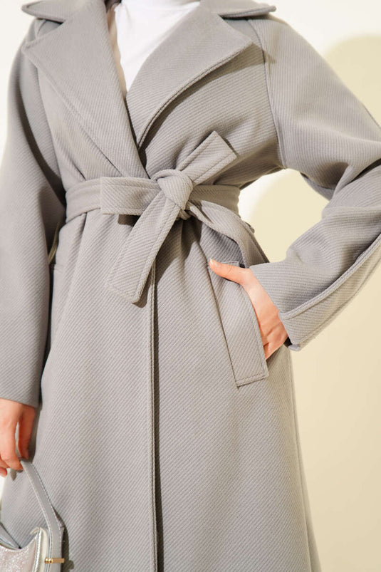 معطف كشمير مخملي بحزام رمادي