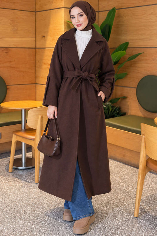 Manteau En Laine Ajusté Avec Ceinture Couleur Café