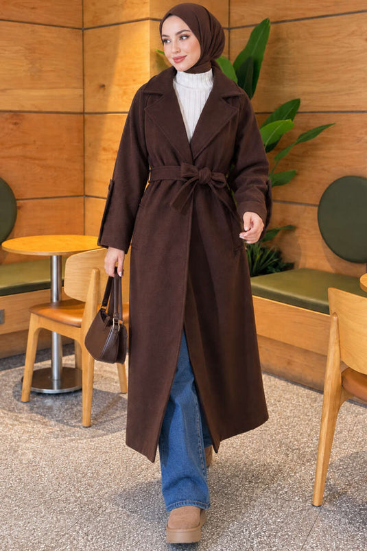 Manteau En Laine Ajusté Avec Ceinture Couleur Café