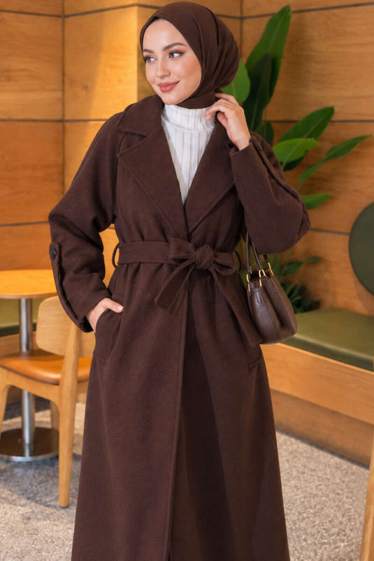 Manteau En Laine Ajusté Avec Ceinture Couleur Café