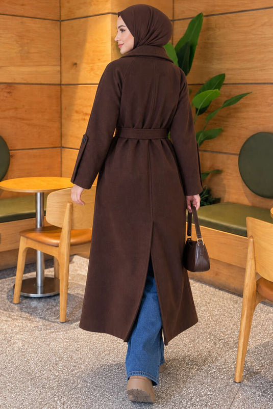 Manteau En Laine Ajusté Avec Ceinture Couleur Café