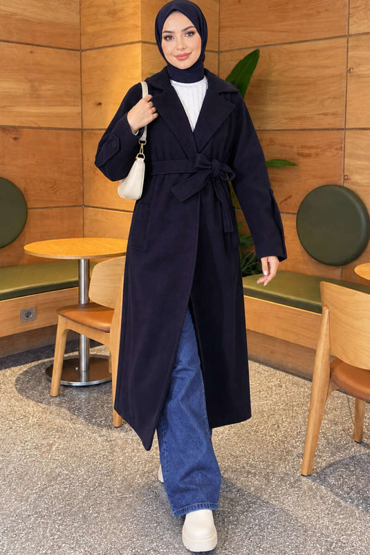 Fitted Belted Wool Coat In Navy Blue