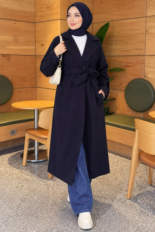 Fitted Belted Wool Coat In Navy Blue