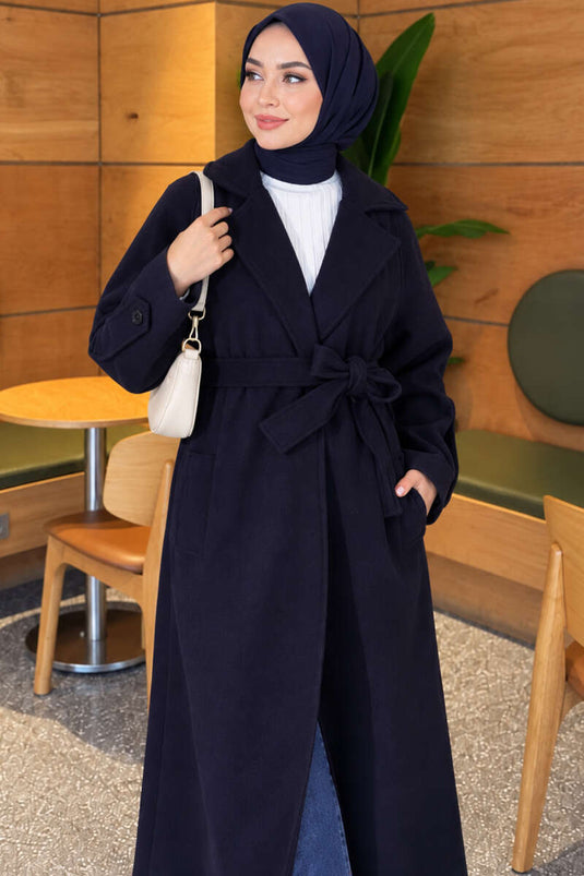 Fitted Belted Wool Coat In Navy Blue