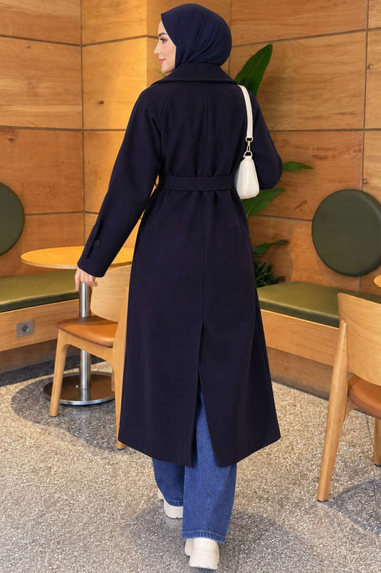 Fitted Belted Wool Coat In Navy Blue