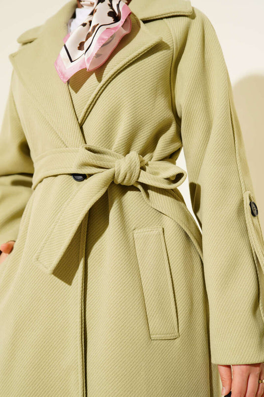 Fitilli Kuşaklı Kaşe Kaban Mint