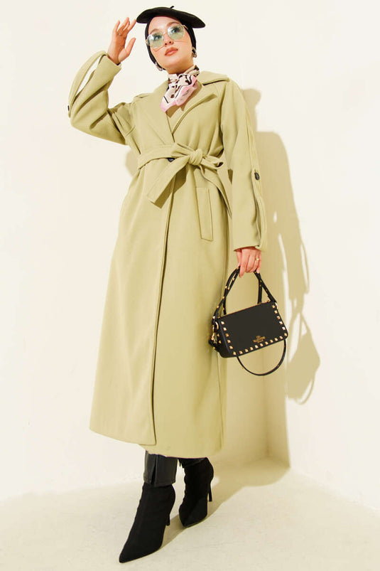 Fitilli Kuşaklı Kaşe Kaban Mint