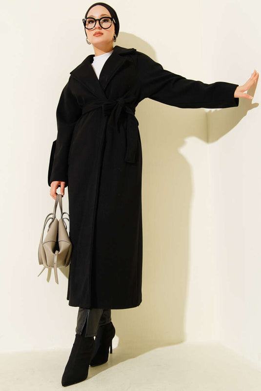 Corduroy Belted Cashmere Coat Black