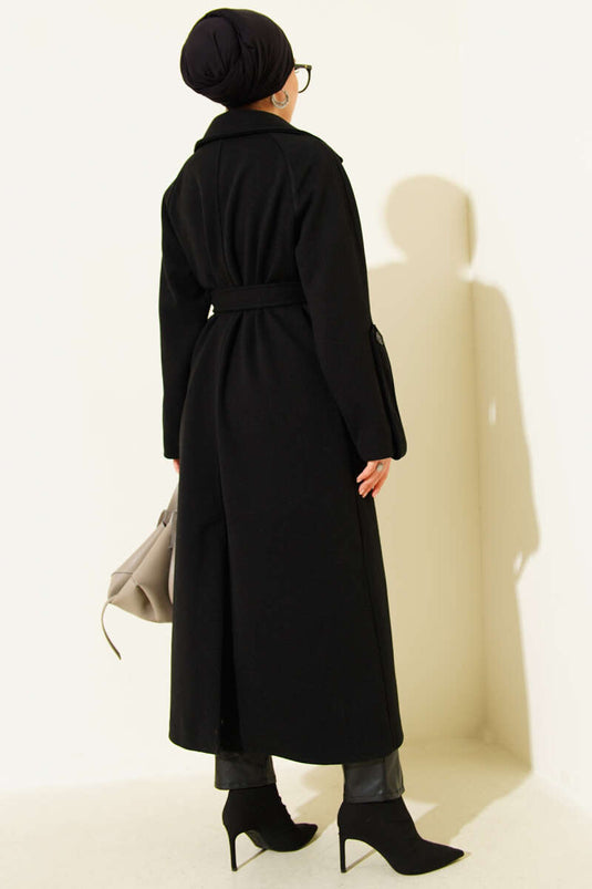 Corduroy Belted Cashmere Coat Black