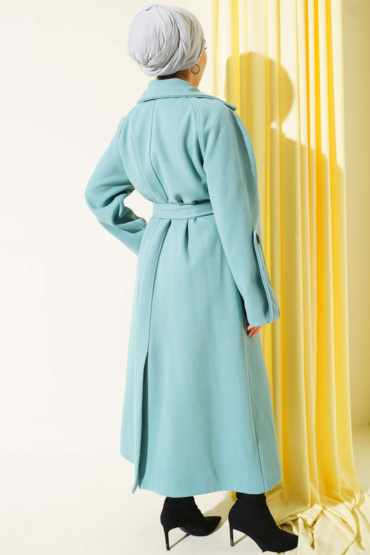 Turquoise Corduroy Belted Cashmere Coat