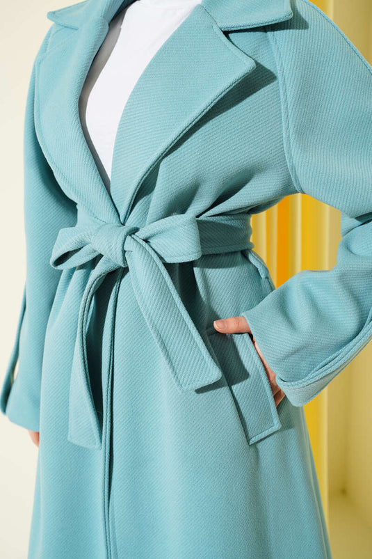 Turquoise Corduroy Belted Cashmere Coat