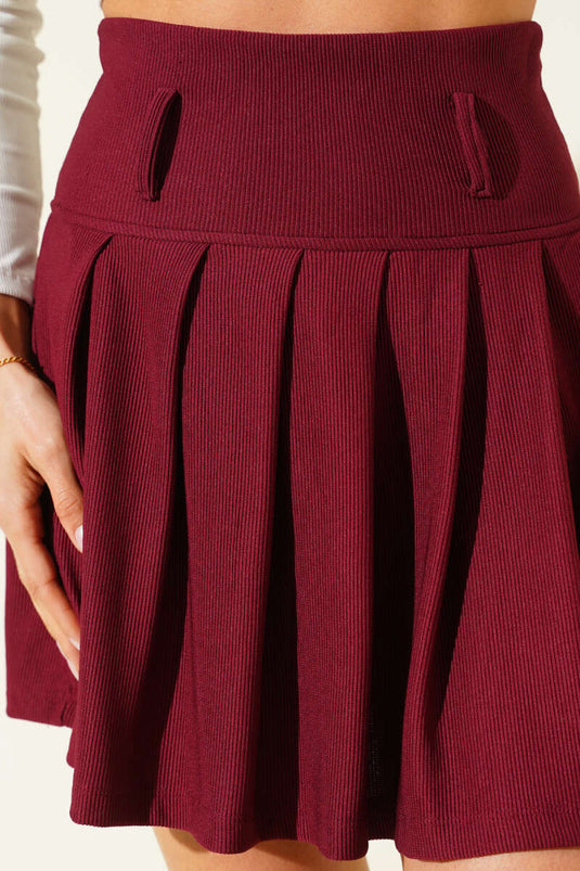 Fitilli Pileli Mini Etek Bordo