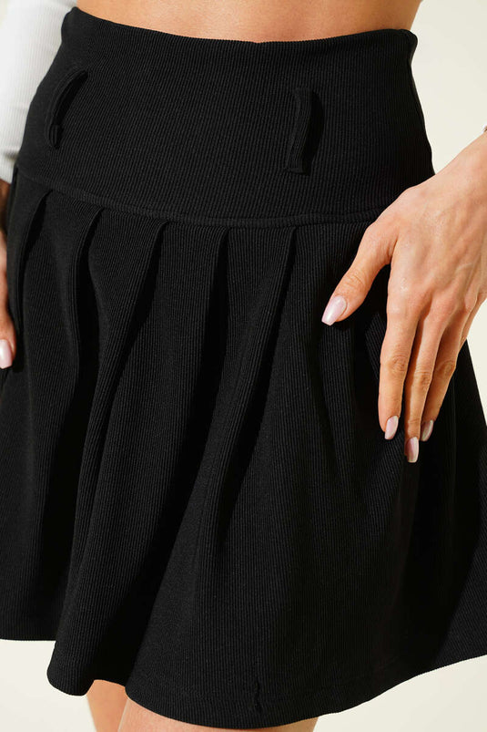 Fitilli Pileli Mini Etek Siyah