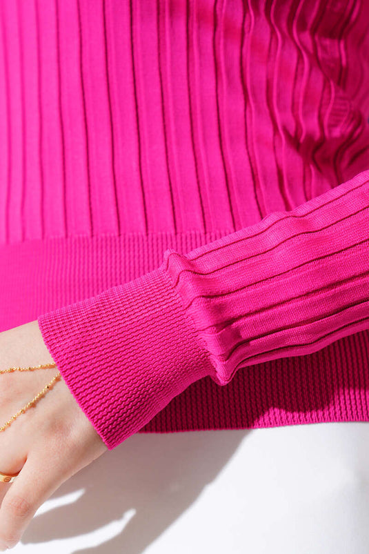 سترة فوشيا محبوكة بياقة مدورة ومضلعة