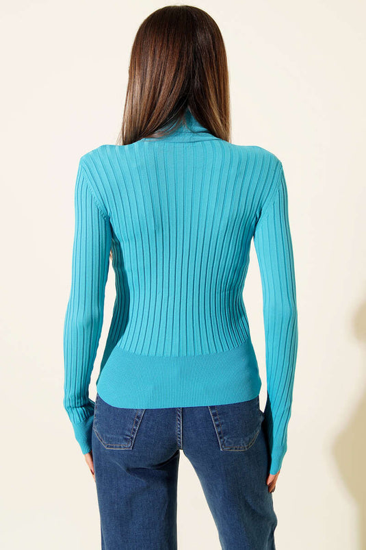 Pull en tricot à col roulé côtelé turquoise