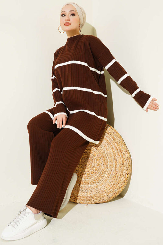 Ribbed Striped Two-Piece Knit Set, Coffee