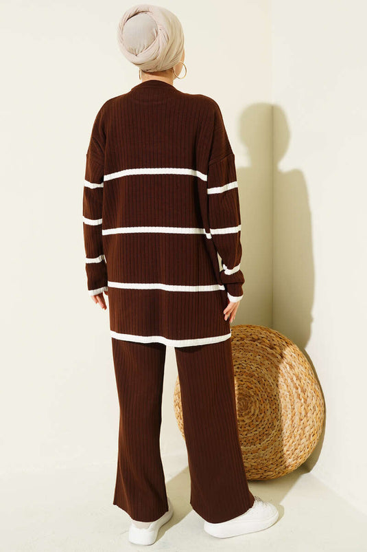 Fitilli Yatay Çizgili Triko İkili Takım Kahve