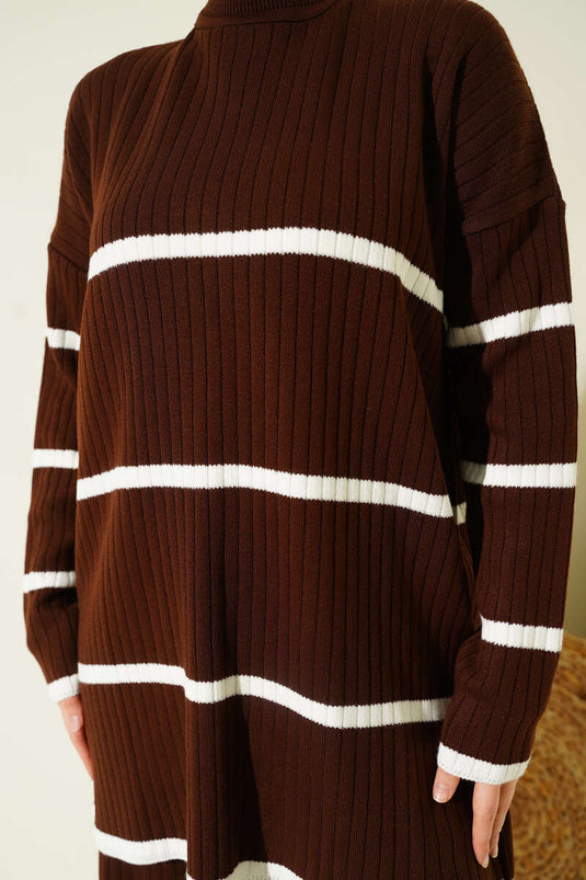 Ribbed Striped Two-Piece Knit Set, Coffee