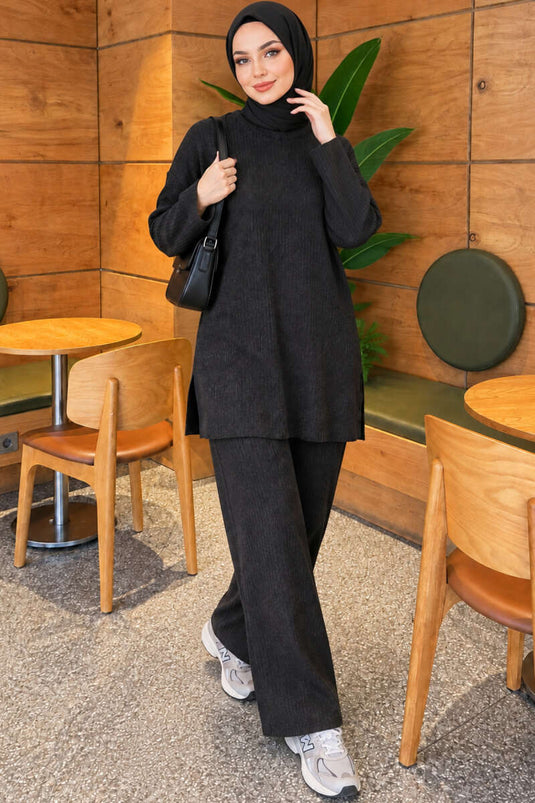 Ensemble Deux Pièces En Tricot À Fente Rayée Anthracite