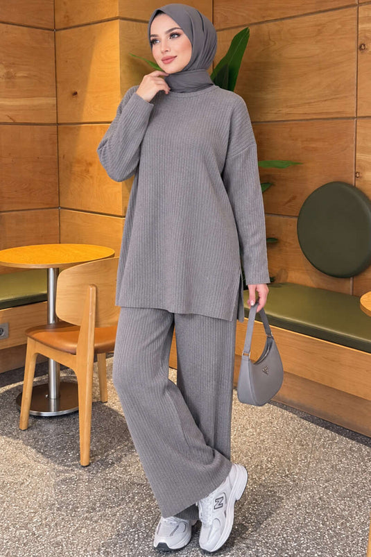 Herringbone Slit Knit Two-Piece Set In Smoke Grey