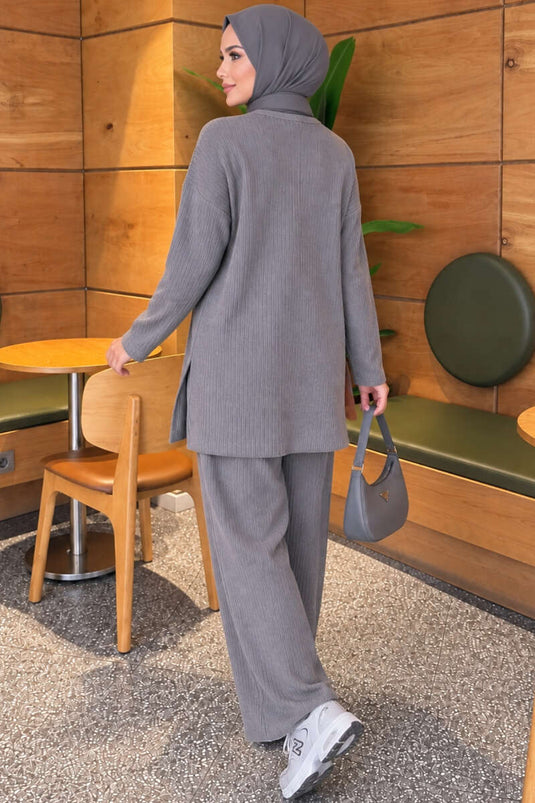 Herringbone Slit Knit Two-Piece Set In Smoke Grey