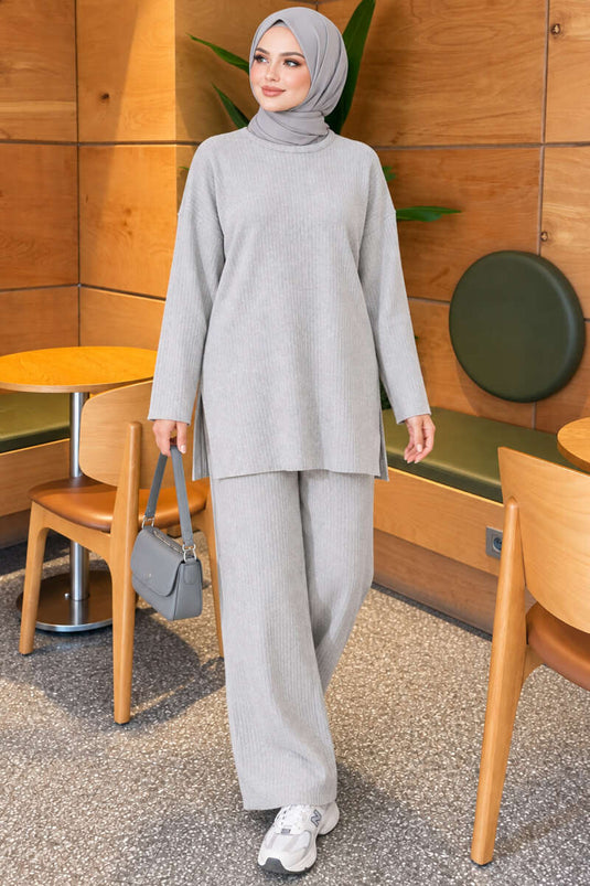 Ensemble En Maille Côtelée À Fente Gris