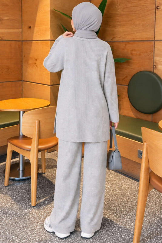 Ensemble En Maille Côtelée À Fente Gris