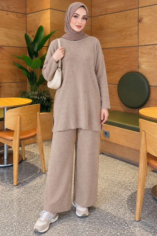 Ribbed Slit Knit Two-Piece Set Beige