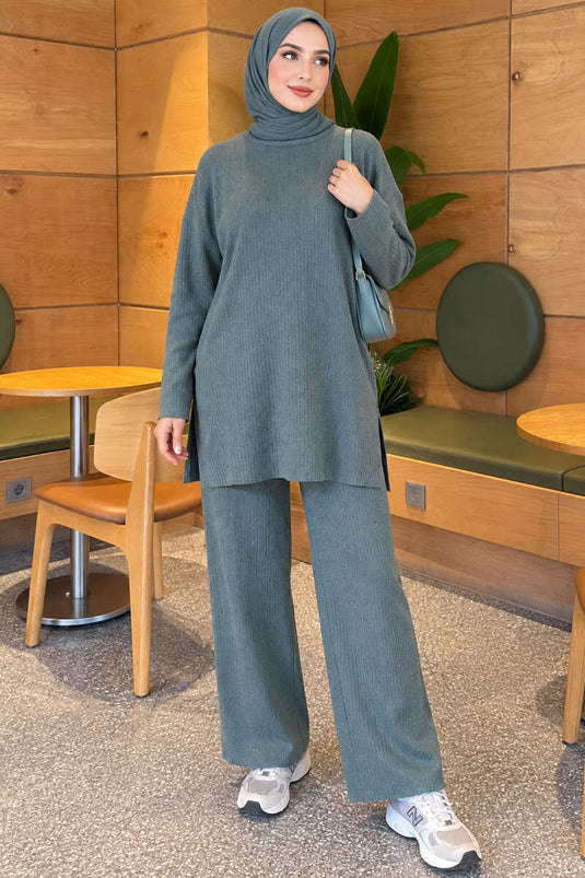 Ensemble Deux Pièces En Tricot À Fente Rayé Bleu Pétrole