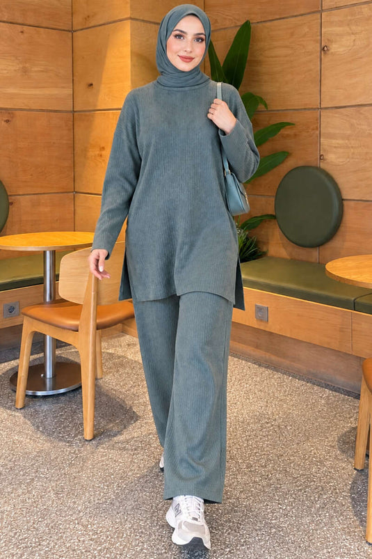 Ribbed Slit Knit Two-Piece Set Petrol
