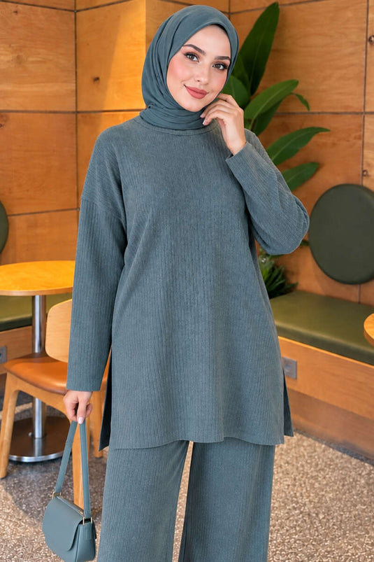 Ribbed Slit Knit Two-Piece Set Petrol