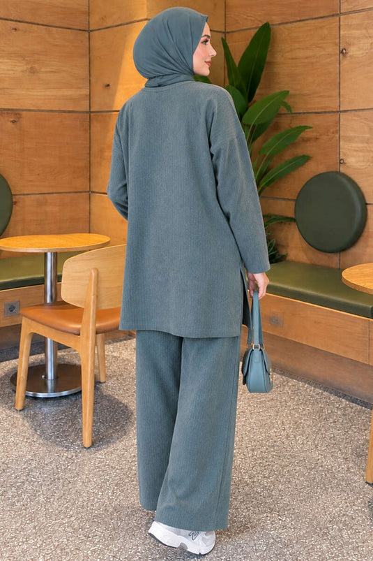 Ensemble Deux Pièces En Tricot À Fente Rayé Bleu Pétrole