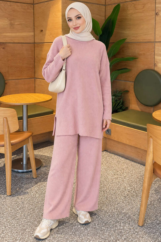 Ensemble En Maille Côtelée À Fente En Rose Poudré