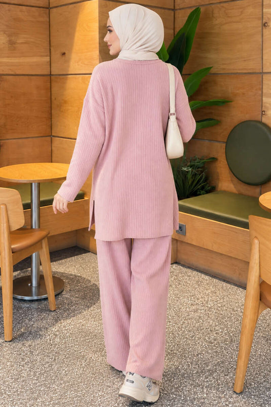 Ensemble En Maille Côtelée À Fente En Rose Poudré