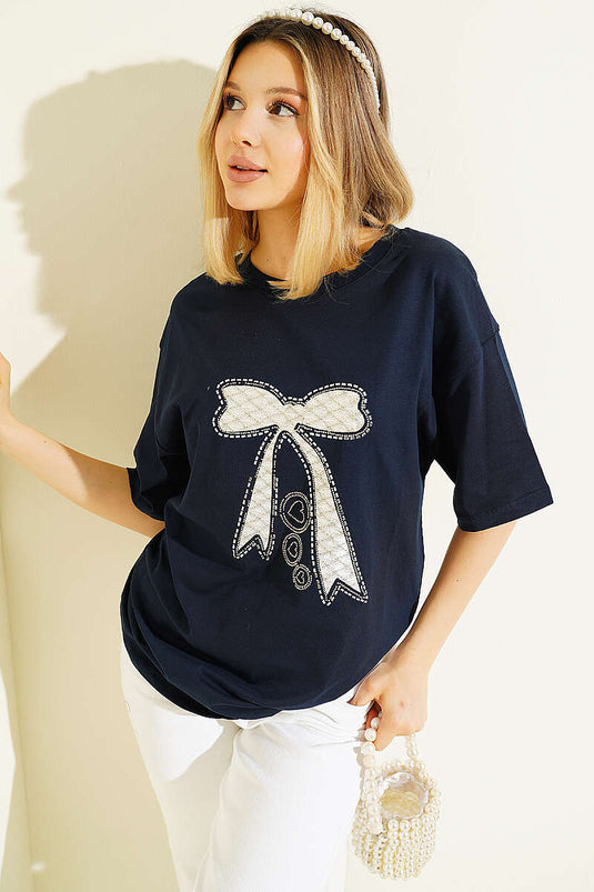 Fiyonk bedrucktes Mini-T-Shirt mit Steinen, Marineblau