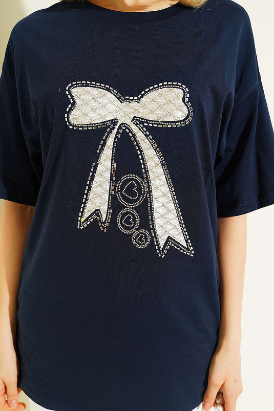 Fiyonk bedrucktes Mini-T-Shirt mit Steinen, Marineblau
