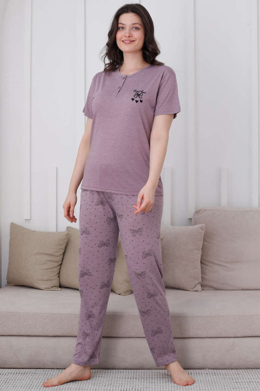 Bow Pattern Buttoned Pajama Set Lilac
