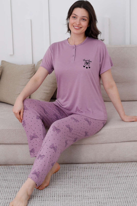Bow Pattern Buttoned Pajama Set Lilac