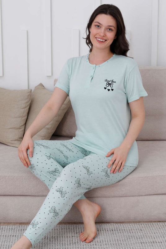 Ensemble pyjama à boutons et motif nœud papillon, couleur menthe