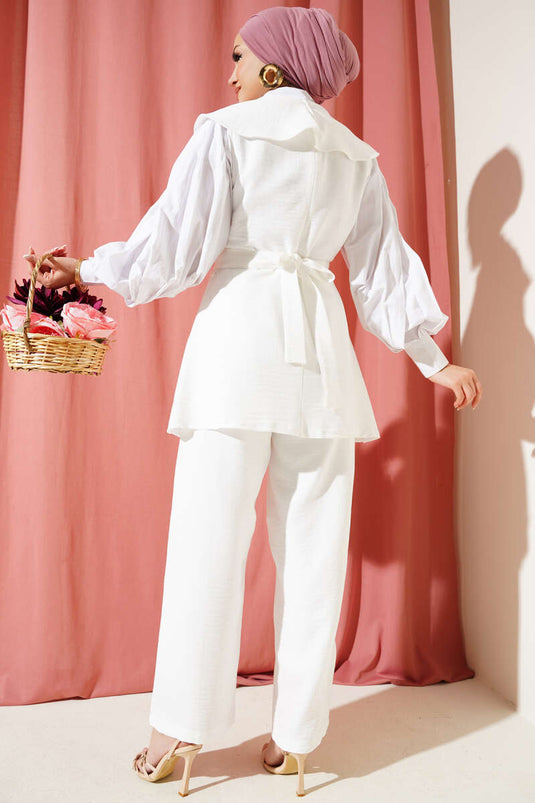 Fiyonk Detaylı Denizci Yaka İkili Takım Beyaz