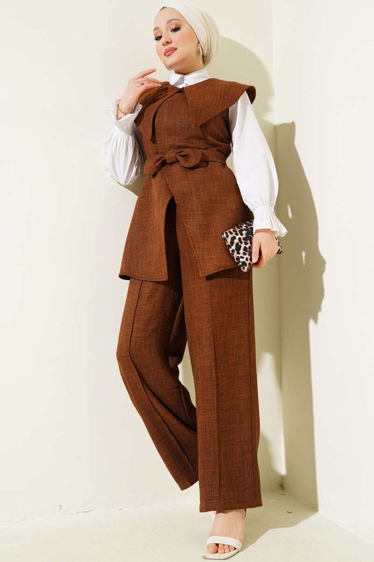 Bow Detailed Sailor Collar Two Piece Suit Brown