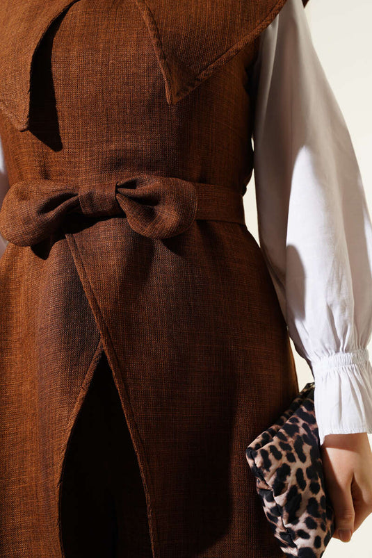 Bow Detailed Sailor Collar Two Piece Suit Brown