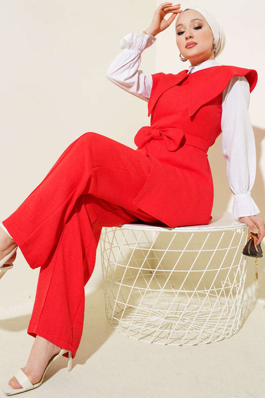 Bow Detailed Sailor Collar Two Piece Suit Red