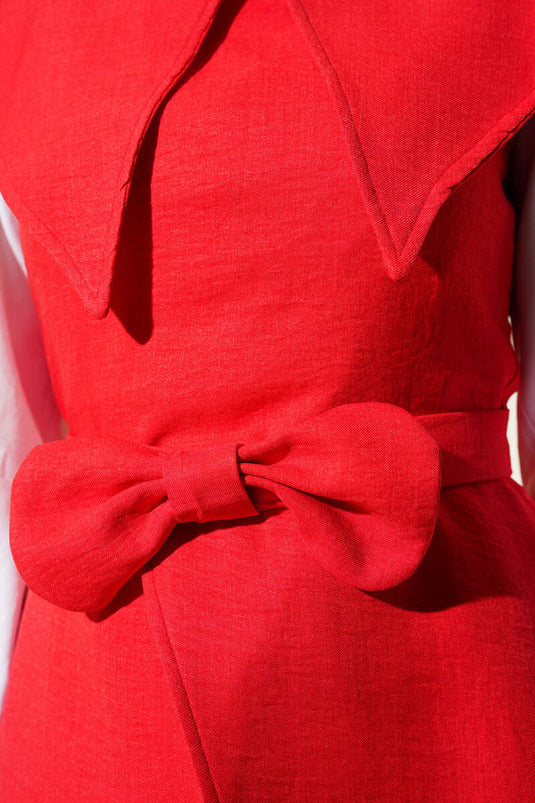 Bow Detailed Sailor Collar Two Piece Suit Red