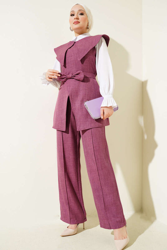 Bow Detailed Sailor Collar Two-Piece Suit Magenta
