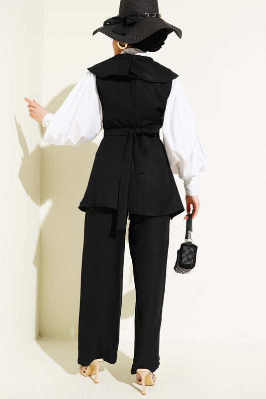 Bow Detailed Sailor Collar Two-Piece Set Black