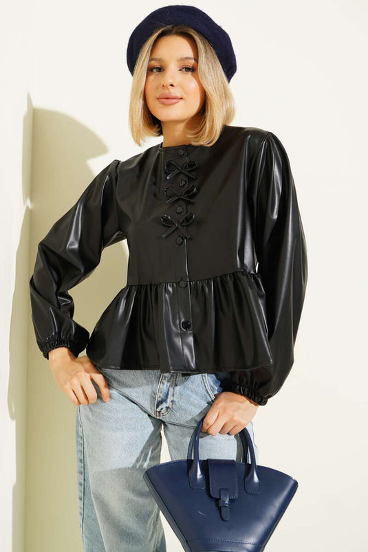 Veste en cuir noir avec détail nœud