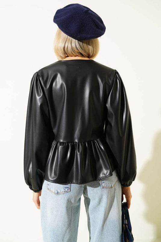 Veste en cuir noir avec détail nœud