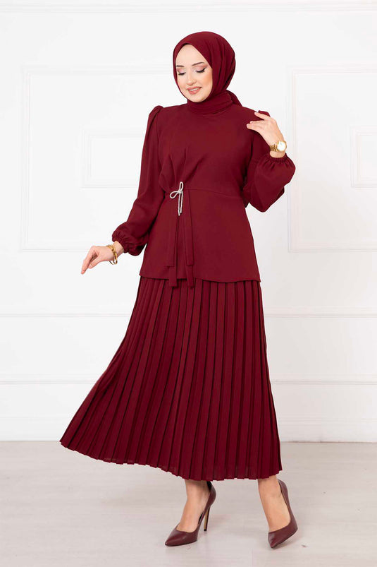 Bow Detailed Skirted Two-Piece Modest Set Burgundy
