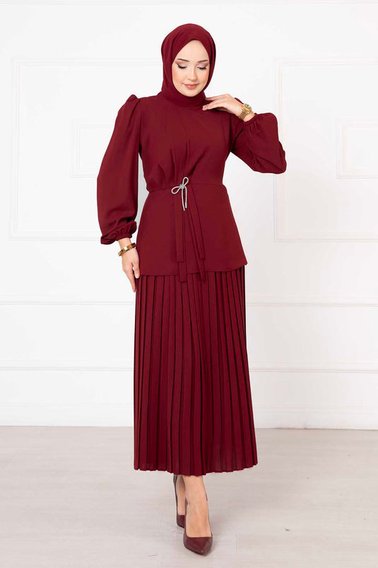 Bow Detailed Skirted Two-Piece Modest Set Burgundy